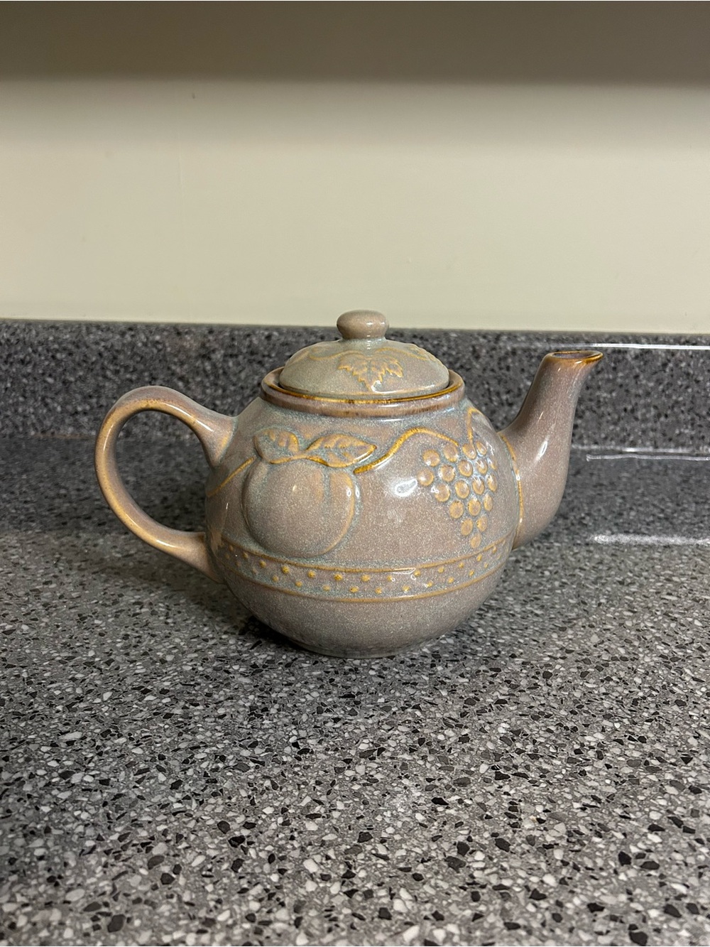 Vintage Handcrafted Ceramic Teapot in Warm Beige with Fruit Relief